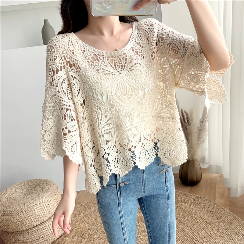 

Summer Thin Knitted Lace Hollow out Women's Top Loose ort Sve Street Sle Cotton Blend Single Piece Faionable Cover u...