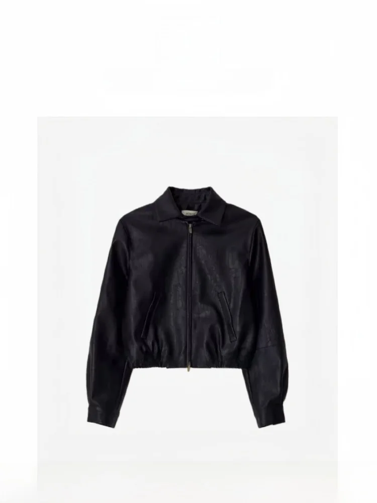 

Korean Sle ort Jaet Women's Retro Double Zipper Leather Coat Flip Collar ort Length Synth Long Sve Winter Coat