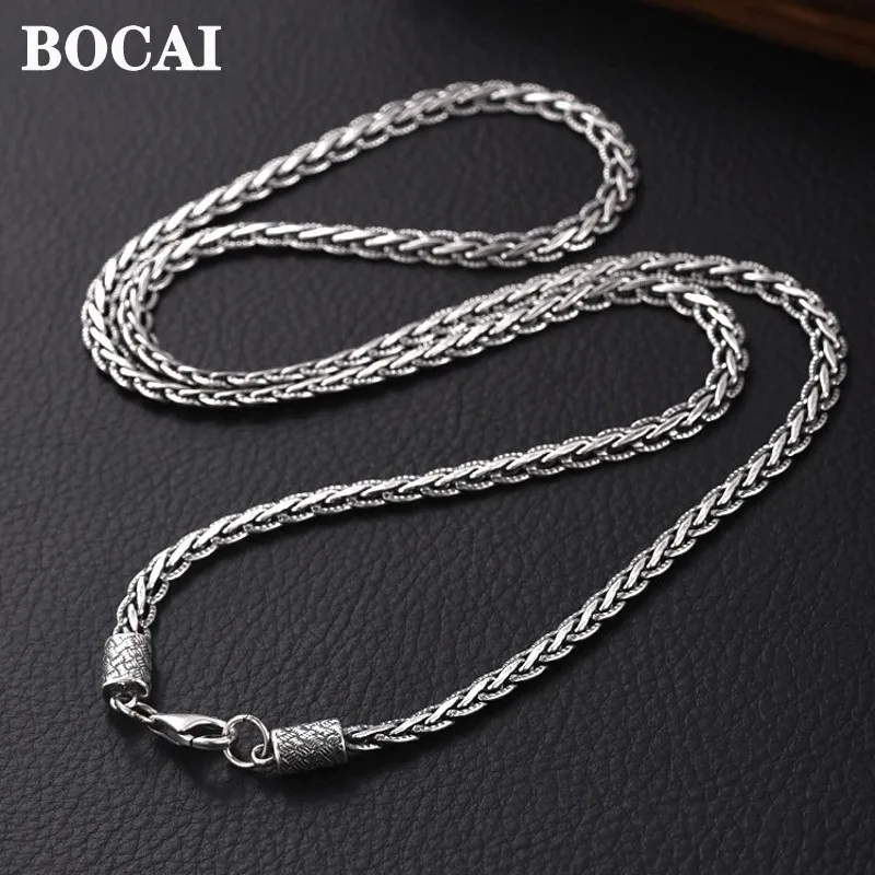 BOCAI 4MM Fried Dough Twists Woven Keel Chain Men's Necklace Simple and Advanced S925 Silver Jewelry Wholesale