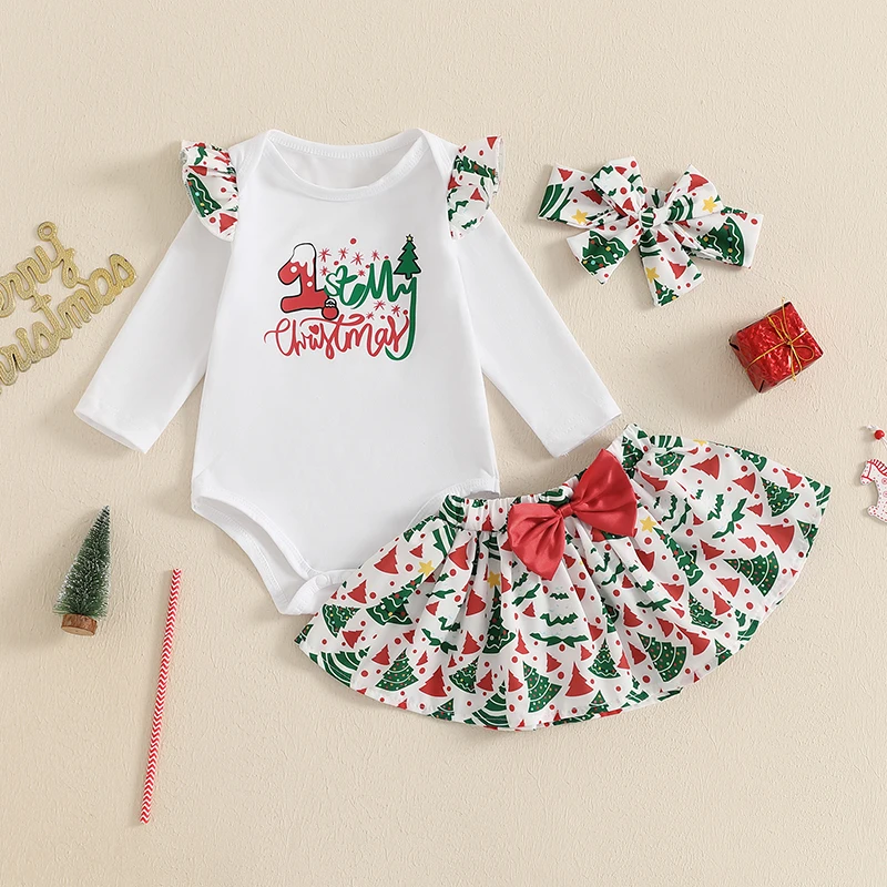 Baby Girls 3 Pieces Sets Long Sleeve Letter Christmas Tree Print Romper A-line Skirt Headband Christmas Outfits