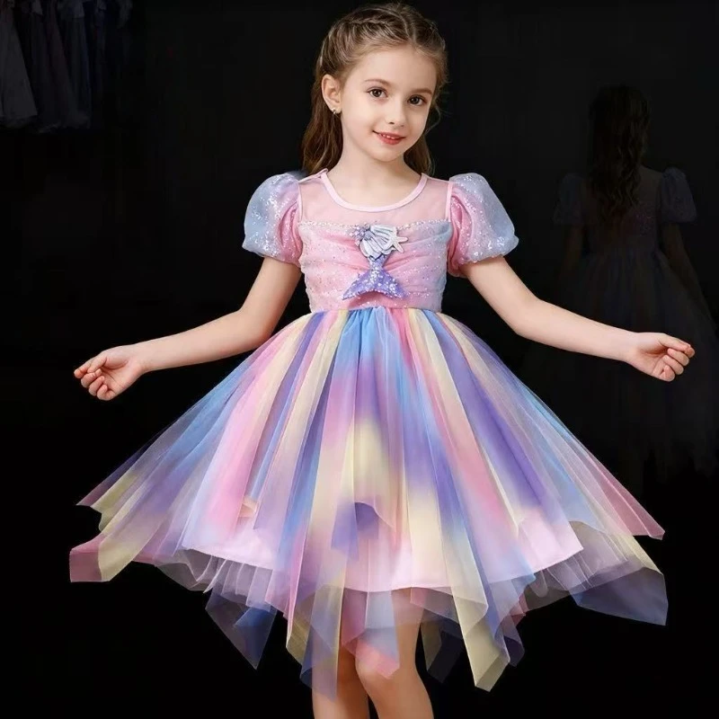 Fotografia 3: Vestido de Algodão Puro para Meninas, Saia de Unicórnio com Barra Larga, Vestido de Princesa Sereia com Mangas Bufantes (versão sem mangas)