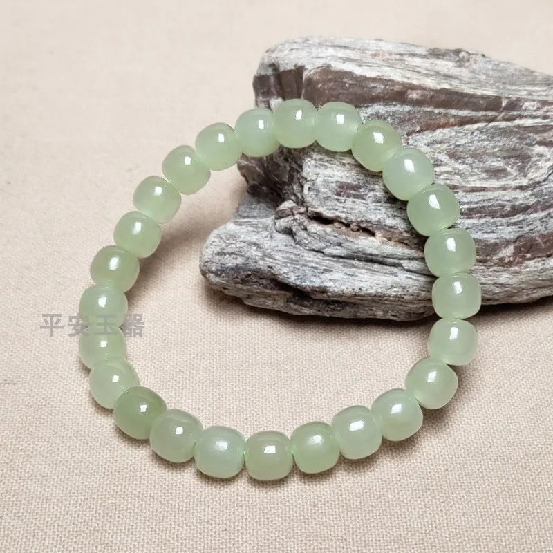 

Hetian Jade 8Mm Old-Styled Bead Single Ring Bracelet Qinghai Material Light Greenish Blue Lake Green Small Beads Wom