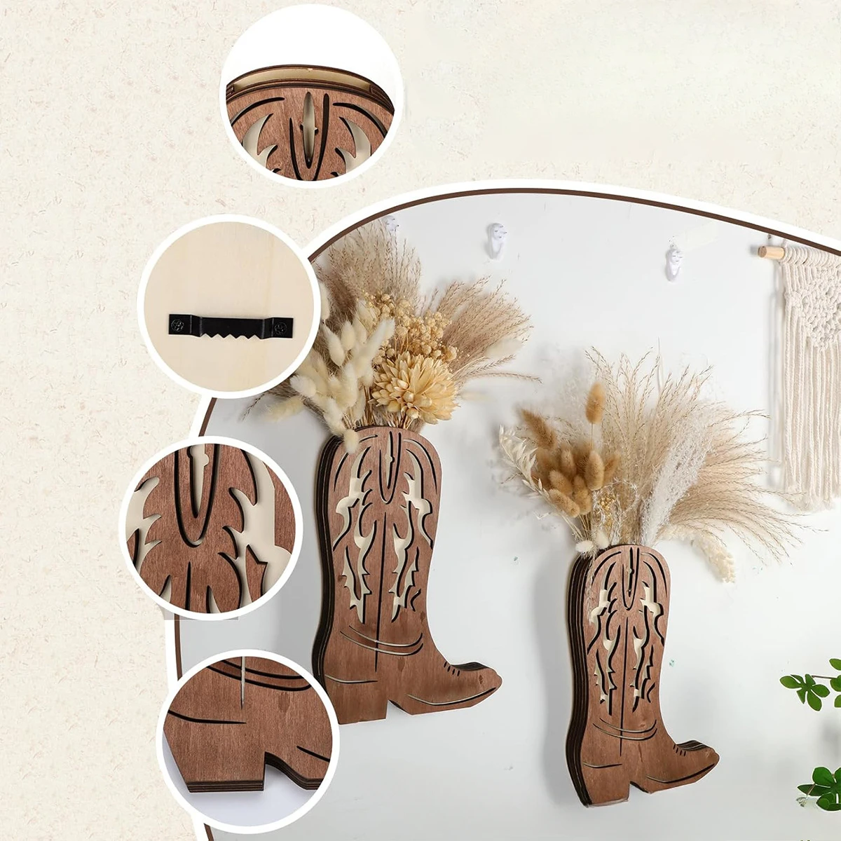 Wooden Cowboy Boot Dried Flower Plant Shelf Wall Hanging Indoor Vase Greenery Hanging Art Ornament Display Shelf Home Decor