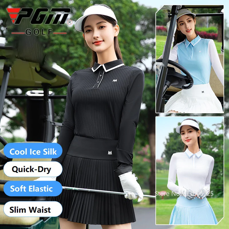 Pgm Golf Apparel for Women Spring Summer Ice Silk Thin Long-sleeved Tops Cooling Sunscreen Lapel Polo Shirts Golf Sportswear
