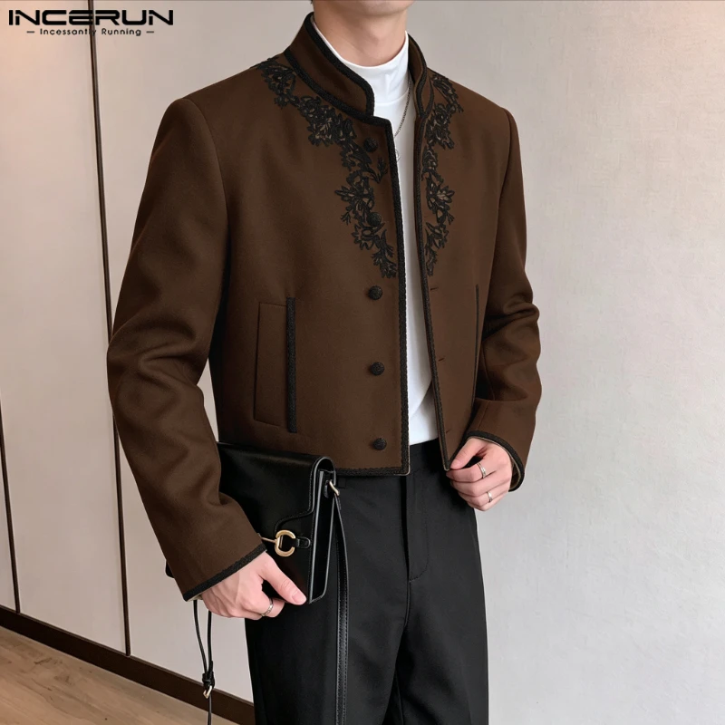 INCERUN Men's Blazer Embroidery Stand Collar Long Sleeve Casual Crop Blazer For Man Streetwear Elegant Autumn Vintage Male Suit