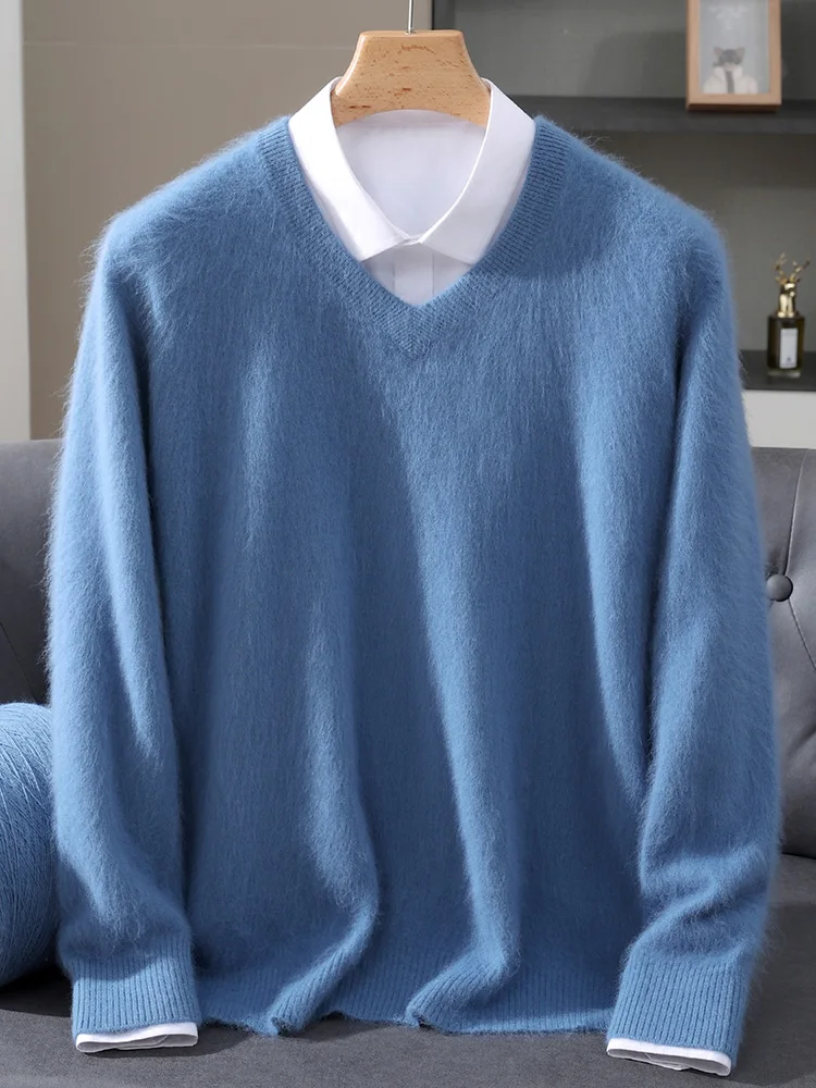 

TLOML Autumn Winter 100% Men's Mink Cashmere Sweater V-Neck Pullover Basic Casual Soft Warm Bottom Clothing Mink Cashmere Tops