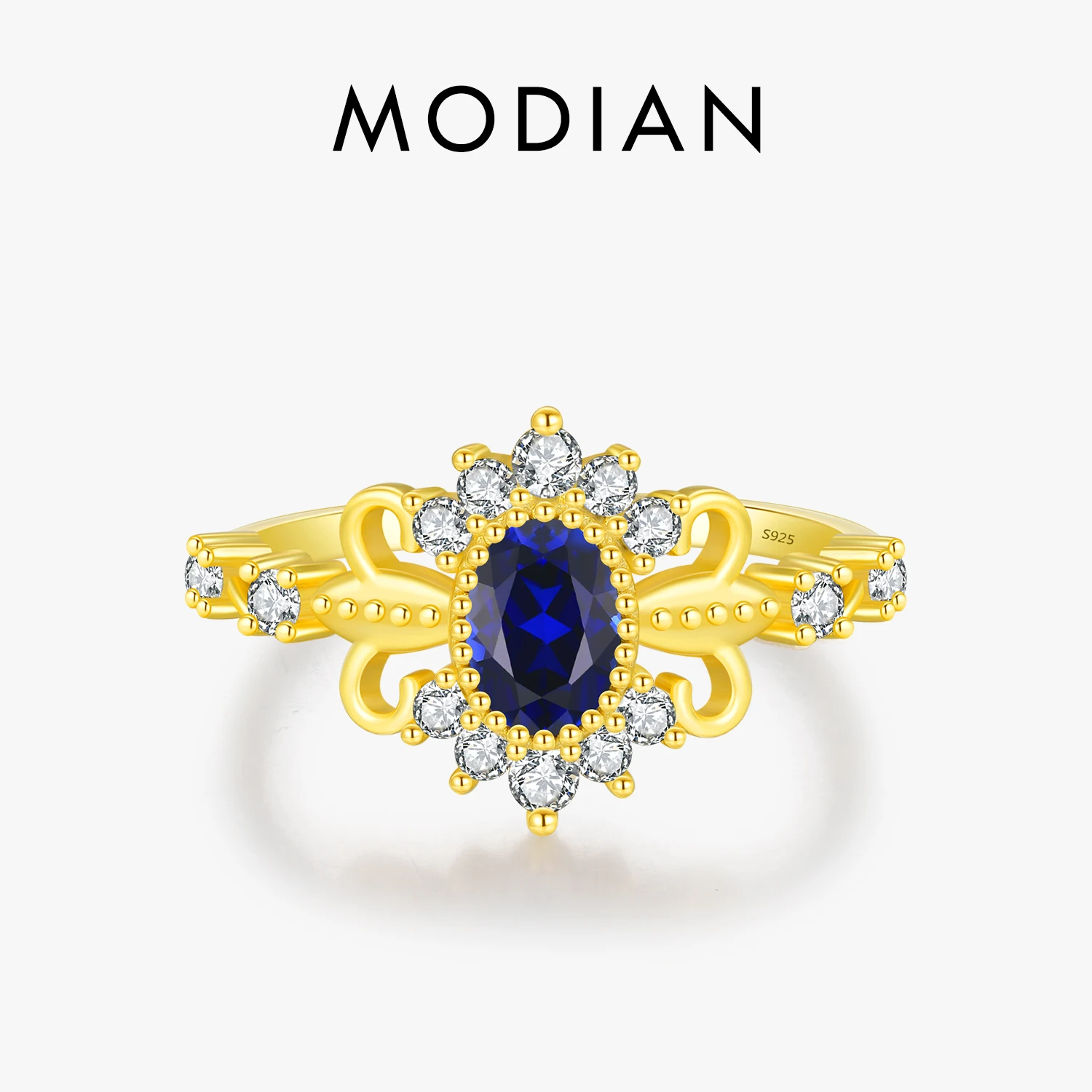 MODIAN 925 Sterling Silver Vintage Gold Color Crown Blue 5A Zircon Rings For Women Wedding Engagement Fashion Fine Jewelry