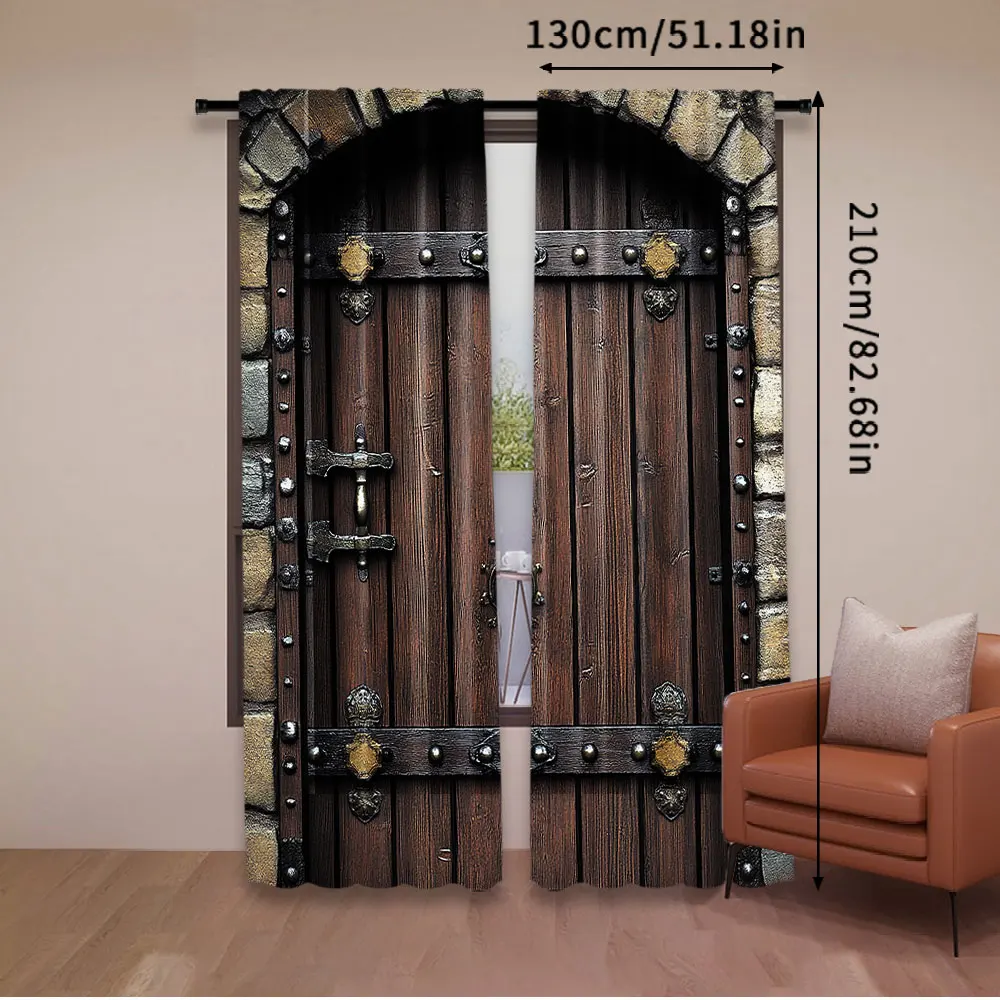 2Pcs Rustic Curtains Wooden Door Historical Vintage Exterior Medieval Structure Suitable For Bedroom Bathroom Living Room Dining
