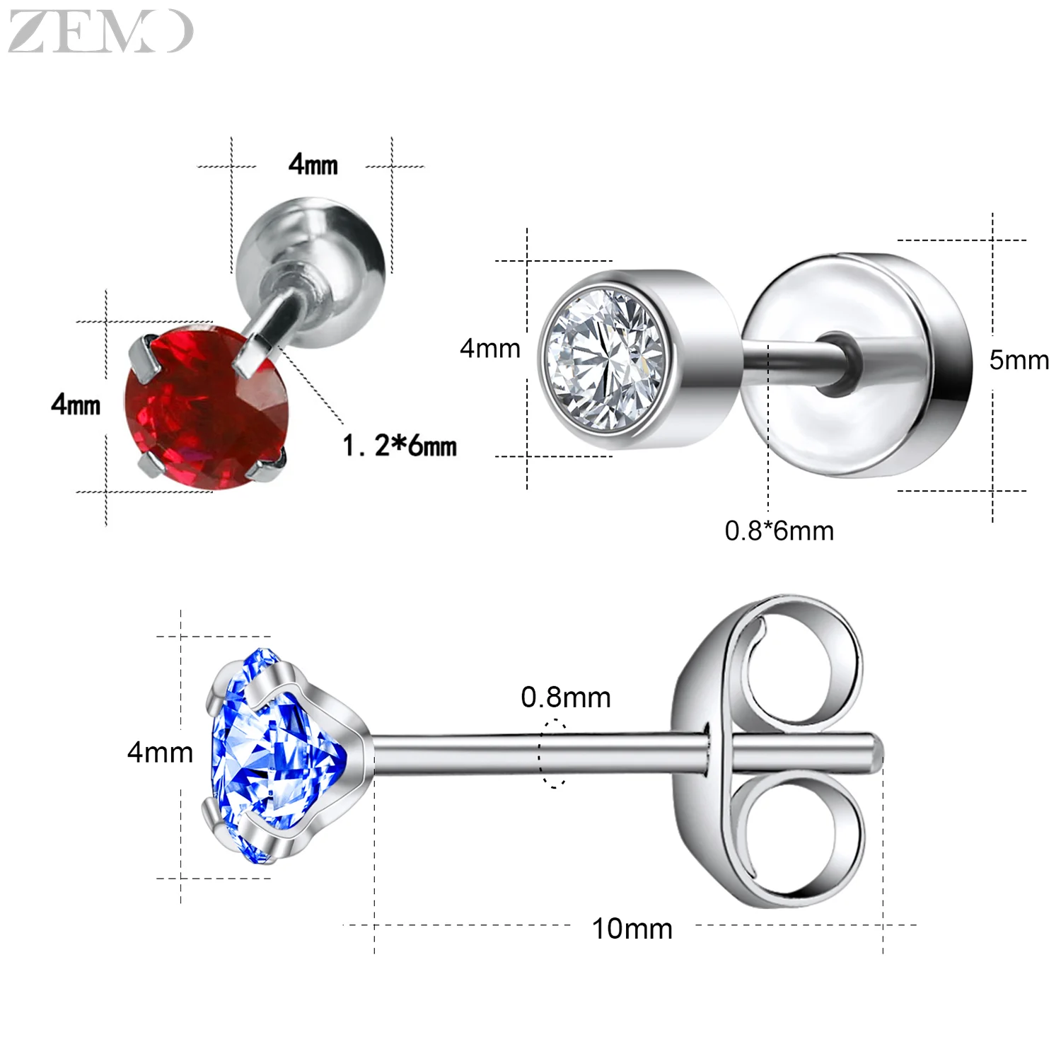 ZEMO 12 pairs/lot Stainless Steel Stud Earrings Colorful CZ Crystal Ear Studs Round Basic Conch Cartilage Helix Piercing 20G/16G