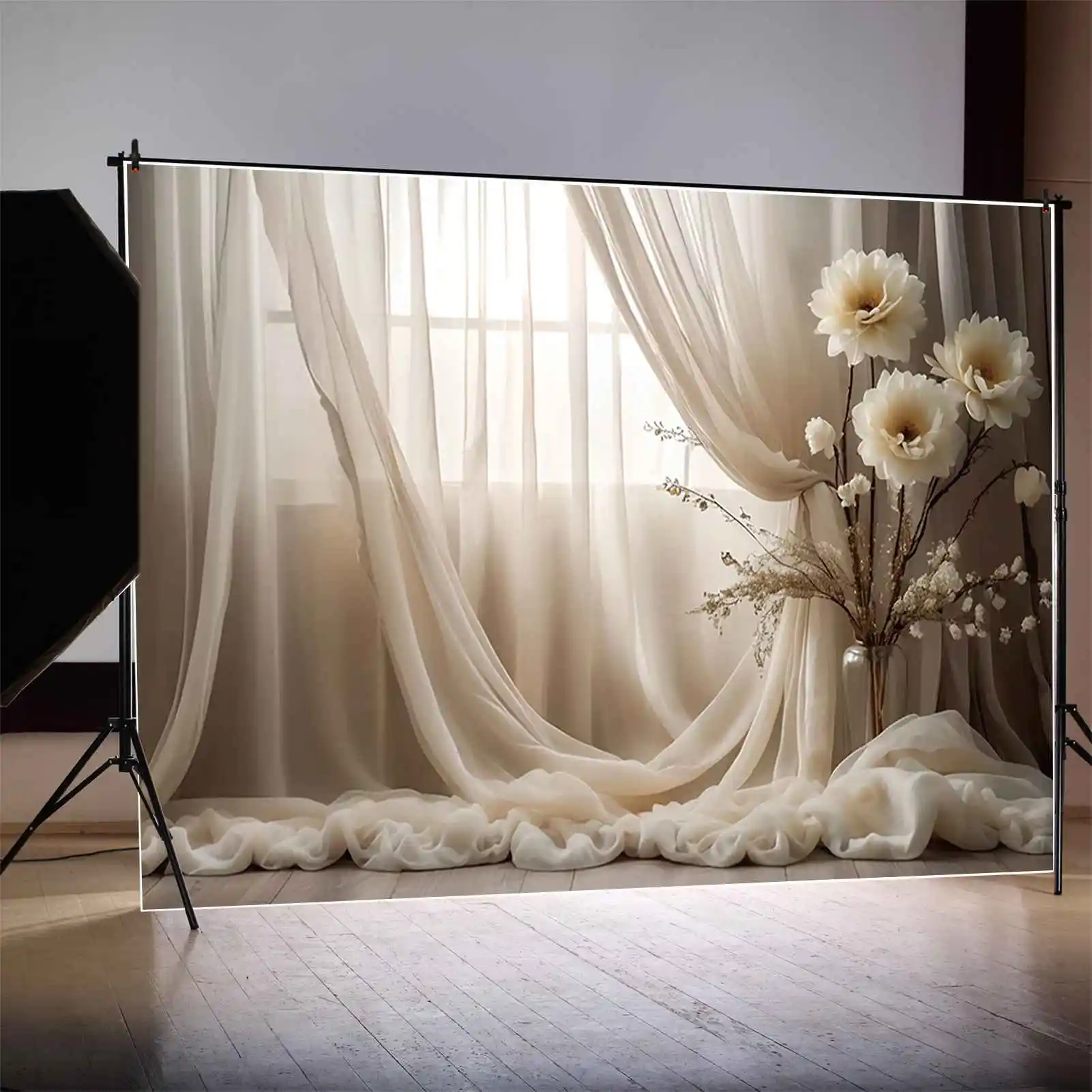 MOON.QG Women Portrait Bohemian Style Background Flower Drapes Curtain Backdrop Customized Party Decoration Photocall Supplies