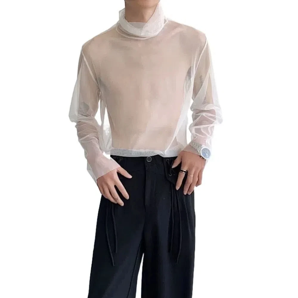 

Модная прозрачная футболка с высоким воротником, однотонная футболка с длинным рукавом, уличная майка, сетчатый топ, мужской дом