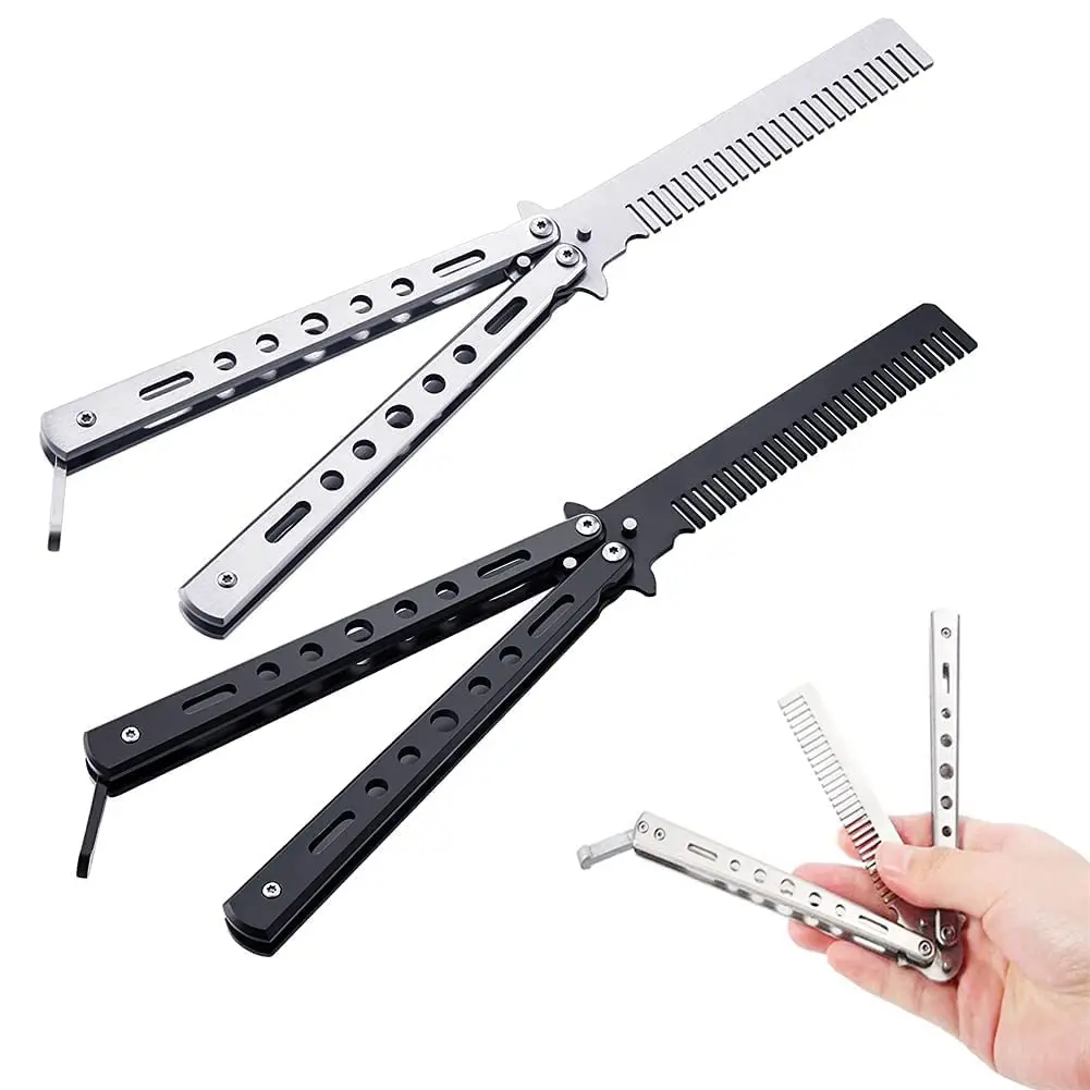 

Stainless Steel Foldable Comb Practice Training Butterfly Knife Comb Beard Moustache Brushe Salon Hairdressing Hair Styling Tool