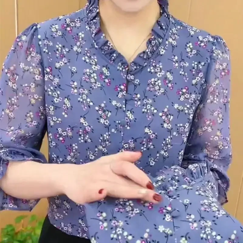 

Модные тонкие элегантные универсальные блузки с рукавами 3/4, рубашки, новинка лета 2025, женские лоскутные блузки с круглым вырезом и пуговицами с принтом и оборками