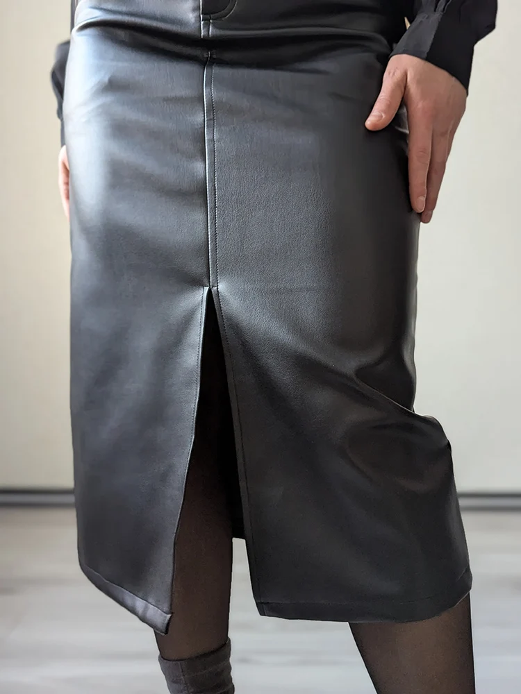 Long Leather Skirts For Women Brown High Quality PU Midi Bodycon Skirt Front Split High Waist Women's Leather Skirt Black Midi