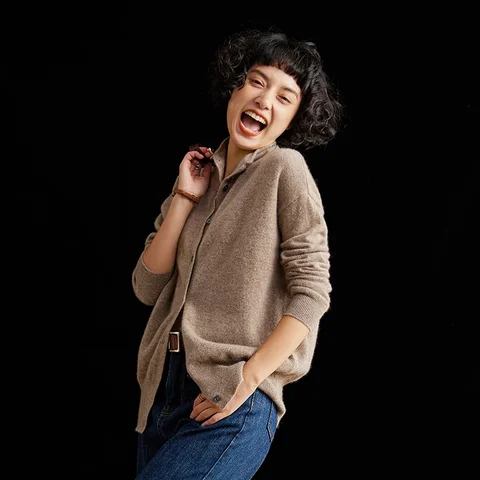 Women's Slim Fit Wool Cardigan Semi-High Neck Solid Color Long Sleeve Cashmere Knitted Sweater Versatile Casual Coat