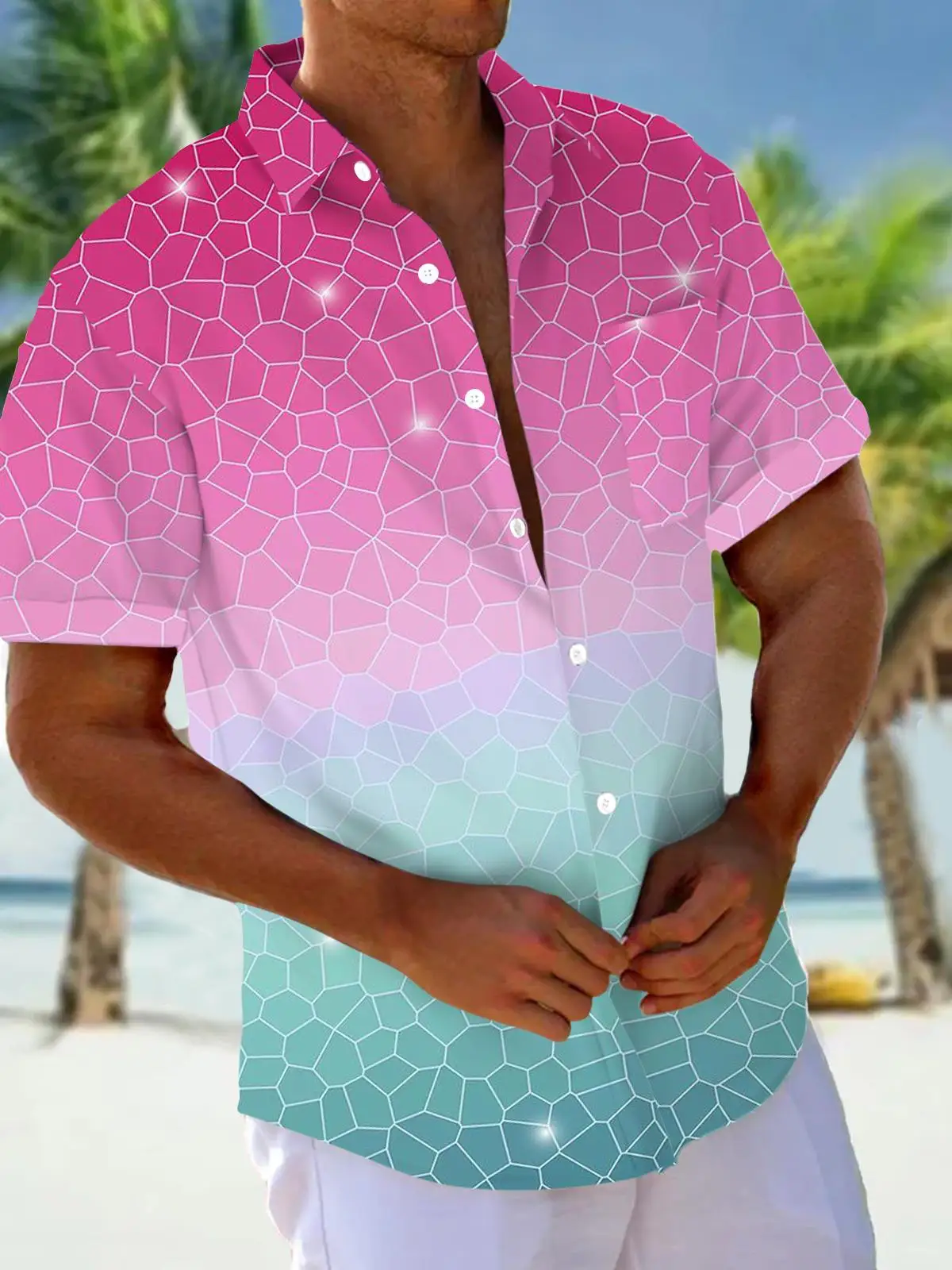 New Hawaii Spring/Summer Fashion Leisure Street Walk Tourist Beach Printed Full Open Short Sleeve Button Shirt, Quick Shipping
