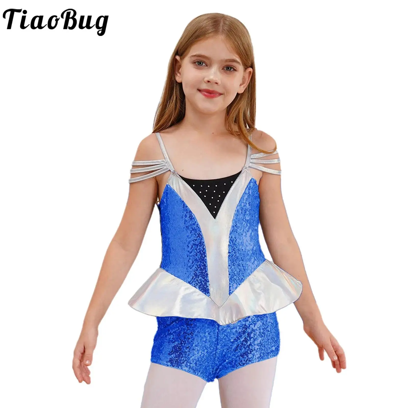 Kids Girls Alien Cosplay Costume Halloween Robot Outer Space Themed Party Carnival Dress Up Sleeveless Sequins Metallic Leotard