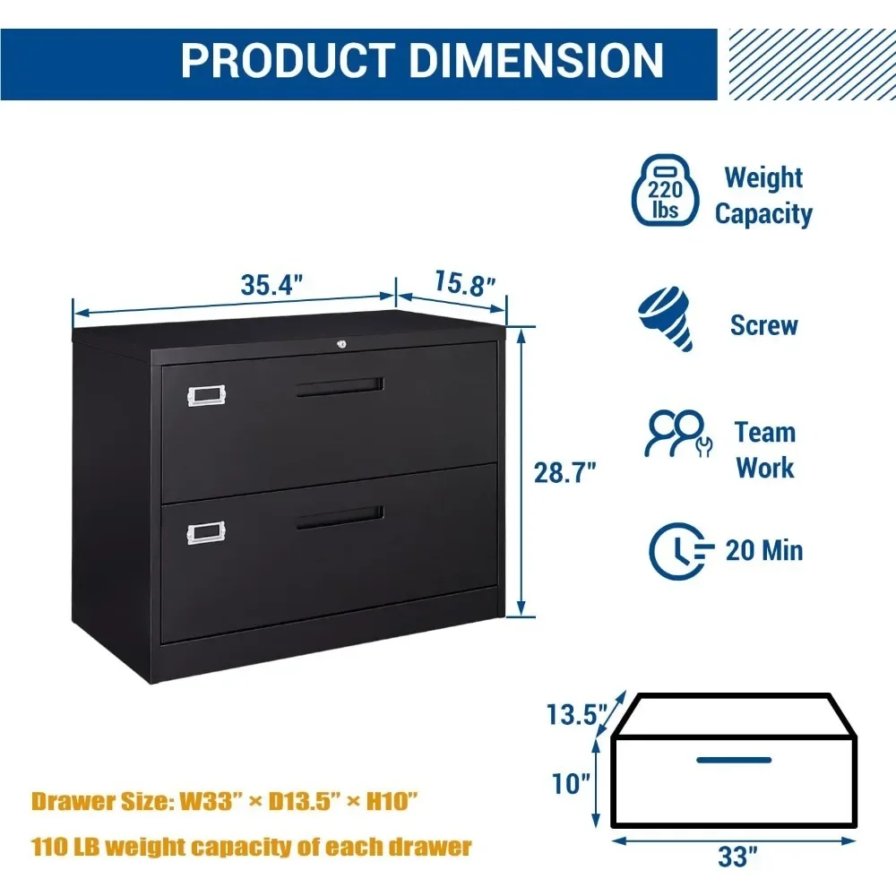 Lateral File Cabinet with Lock, 2 Drawer Large Metal Filing Cabinet,Home Office Lockable Storage Cabinet