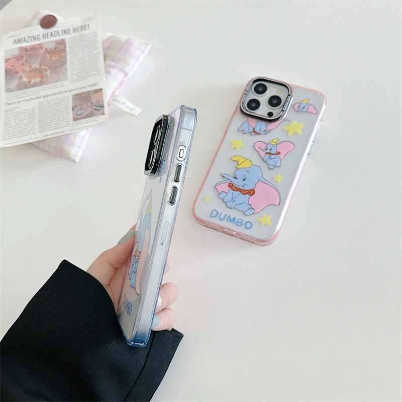 디즈니 귀여운 핑크 만화 재미있는 덤보 코끼리 전화 케이스, 아이폰 13 14 15 프로 맥스 렌즈 보호 접이식 스텔스 브래킷 커버
