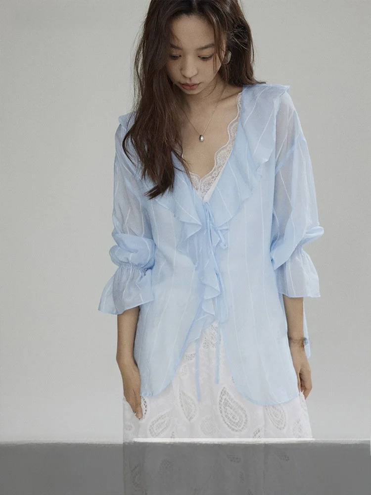 

Joli Choose Women's Loose V-ne irt Summer Elegance Casual Lace Trim Belted Faionable Long Sve irt