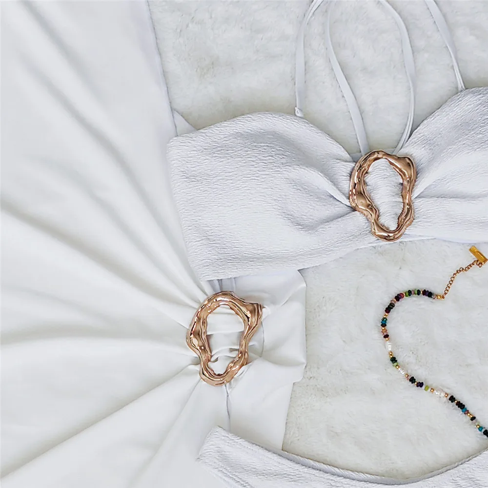 Costumi da bagno con anello in metallo bianco solido Set bikini a 3 pezzi Abiti lunghi Cover Up Costume da bagno sexy Donna 2025 Bikini a fascia Beachwear