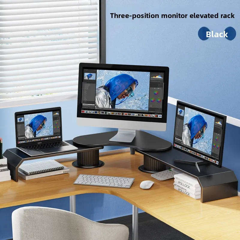 Suporte riser de monitor duplo para dois computadores, organizador de mesa de canto ajustável, suporte para laptop, prateleira de armazenamento de mesa