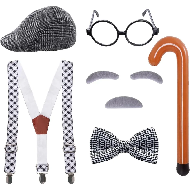 7 PCS 100 Day of School Costume Old Man Costume Grandpa Costume Accessories Set 1920s Old Man Cosplay Set with Hat Disfraz