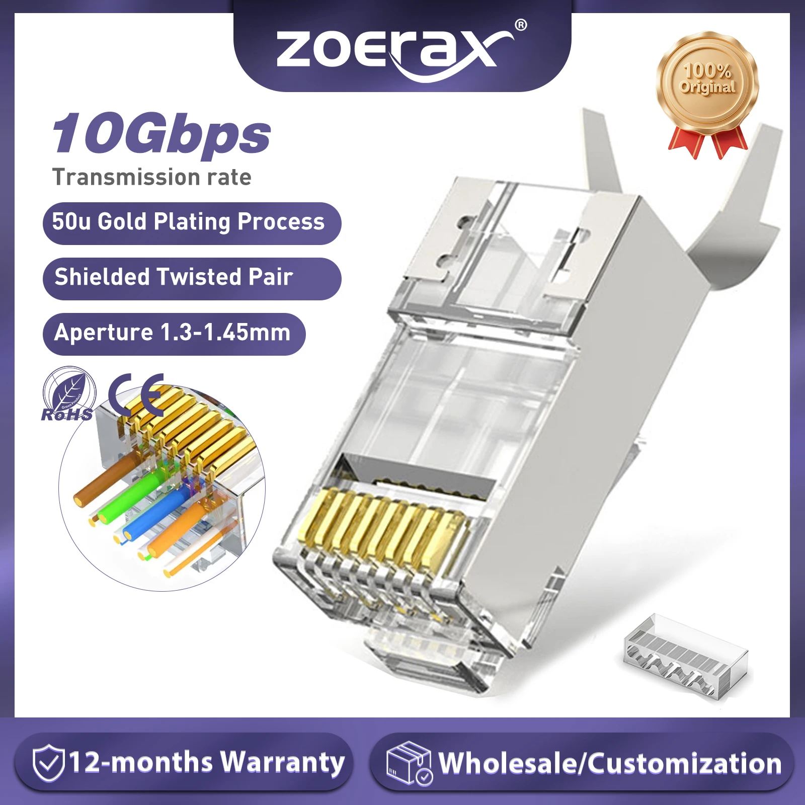 

ZoeRax Shielded RJ45 Cat6A Cat7 Pass Through connectors - 3 Prong 8P8C 50U Gold Plated 2-Piece Pass Through Modular Data Plug