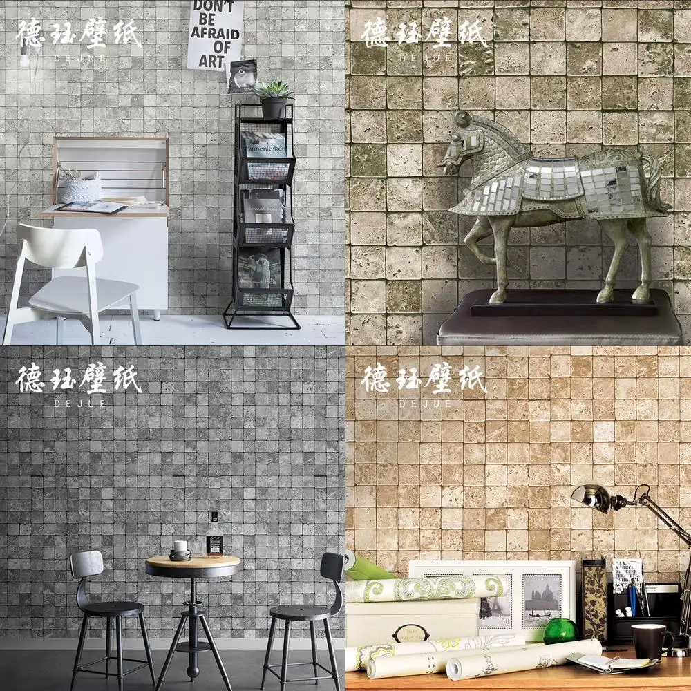 Retro 3D Gray Tile Small Square Grid Mosaic Industrial Style Wallpaper for Living Room Milk Tea Shop