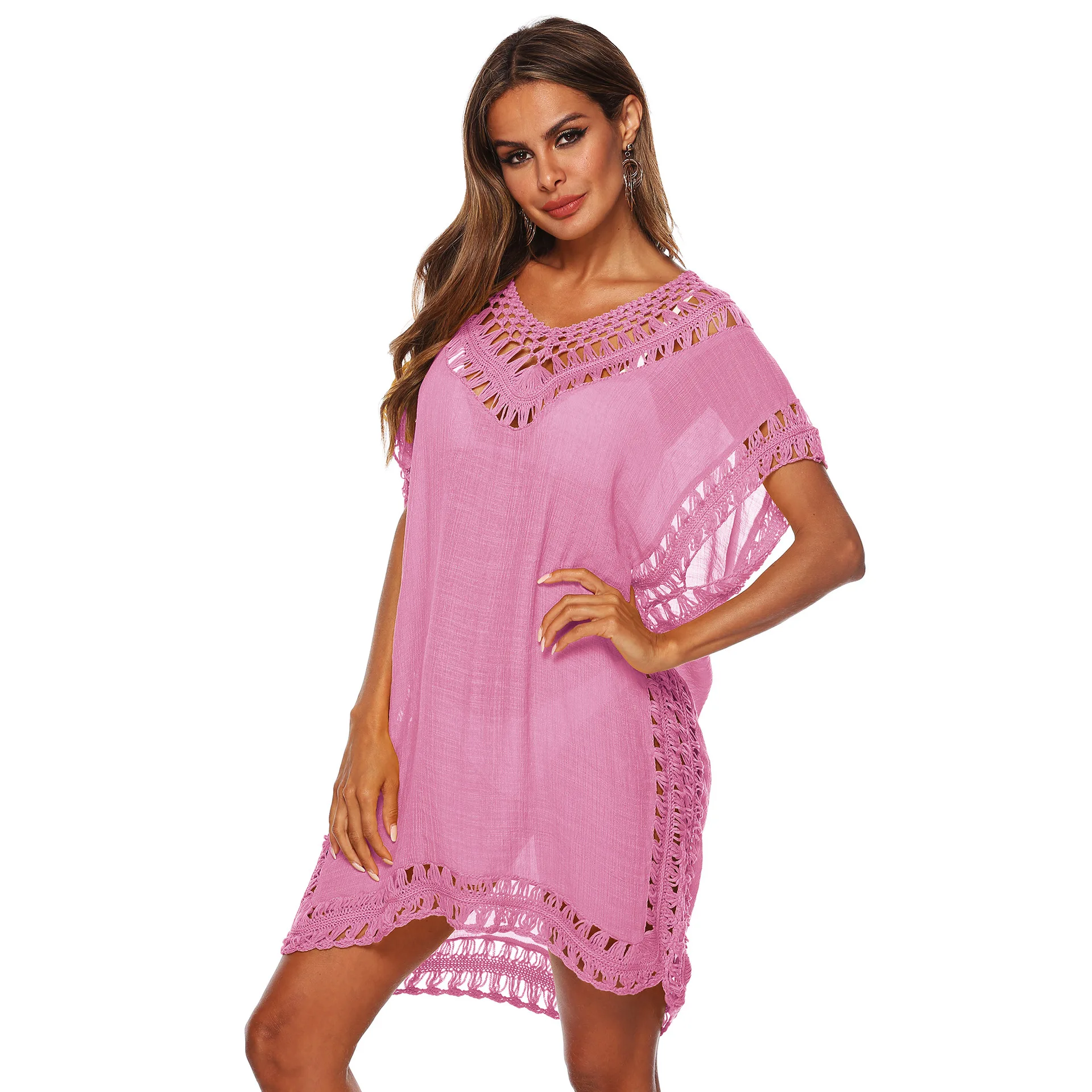 Frauen V-ausschnitt Häkeln Cover Up Sexy Aushöhlen Quaste Lose Strand Duster Kaftan Kleid Tunika Solide Bikini Cover-Ups bademode