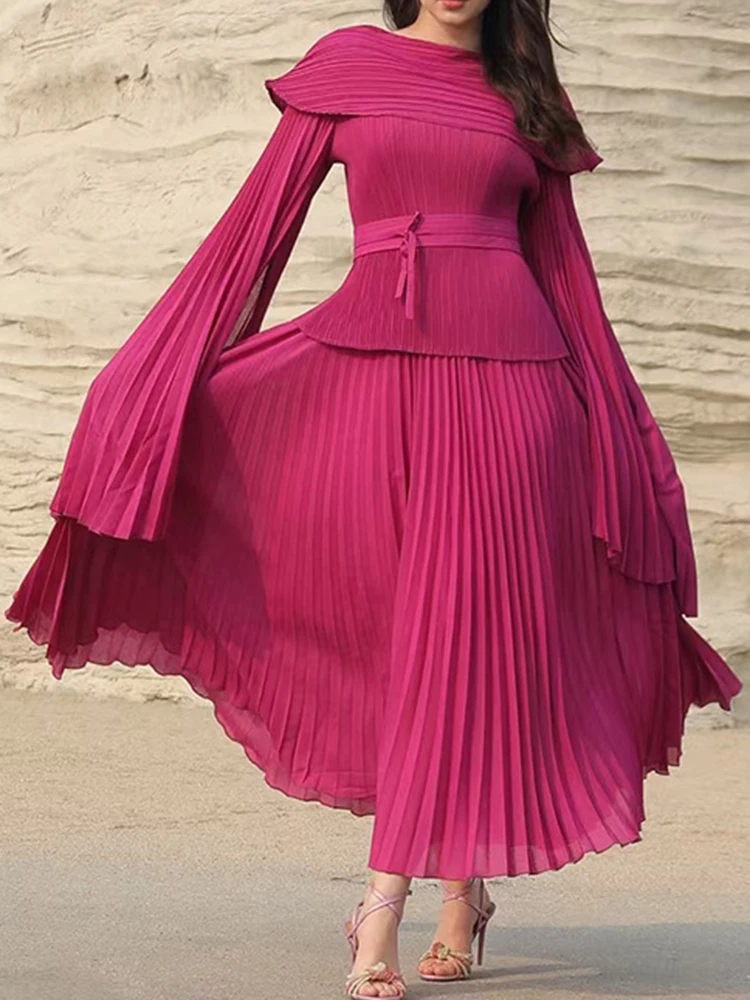 LANMREM Elegant Party Pleated 2 Pieces Set Women Flare Sleeve Belt Gathered Waist Tops + A Line Long Skirt 2024 New 17G8267