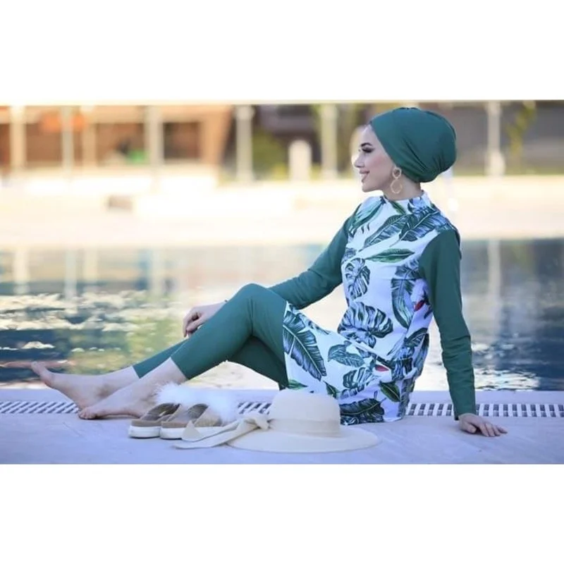 3pcs/Set Swimwears Women Printed Stretch Full Cover Hijab Long Sleeves Sport swimming Togs Lslamic Burkinis Wear Bathing Suit