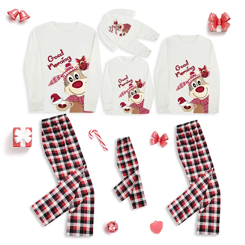 Festive Family Matching Pajamas Set with Reindeer Print Tops and Cozy Plaid Pants for a Coordinated Christmas Look