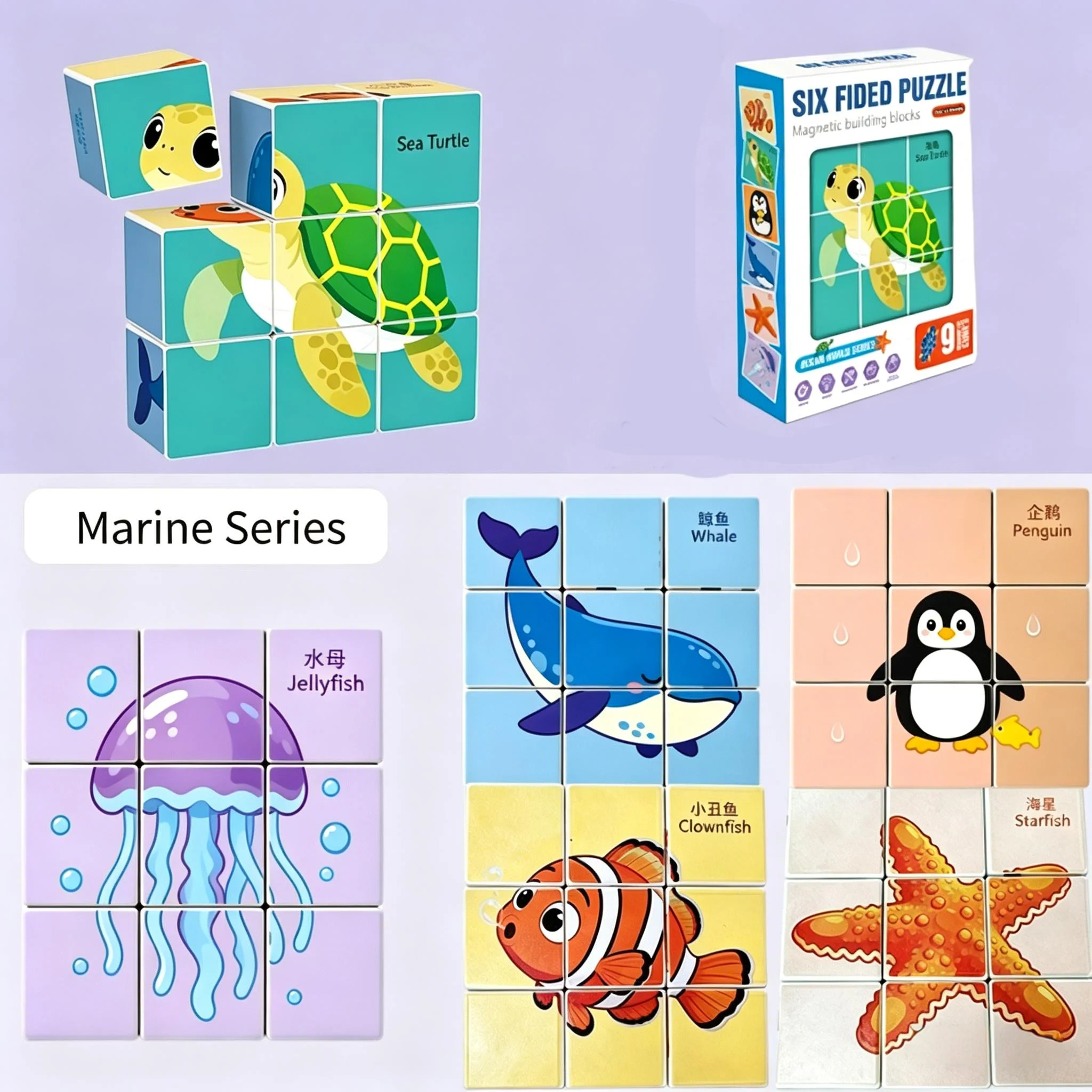 

9pcs Magnetic Plastic Cube Puzzle Blocks, 6-Sided Educational Matching Toy For Kids 3+