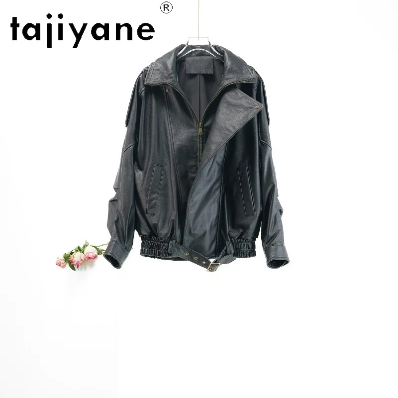 TAJIYANE Cowhide Genuine Leather Jacket Woman Short Leather Coat Black Biker Jackets for Woman Lapel Outerwear Elastic Hem 자켓