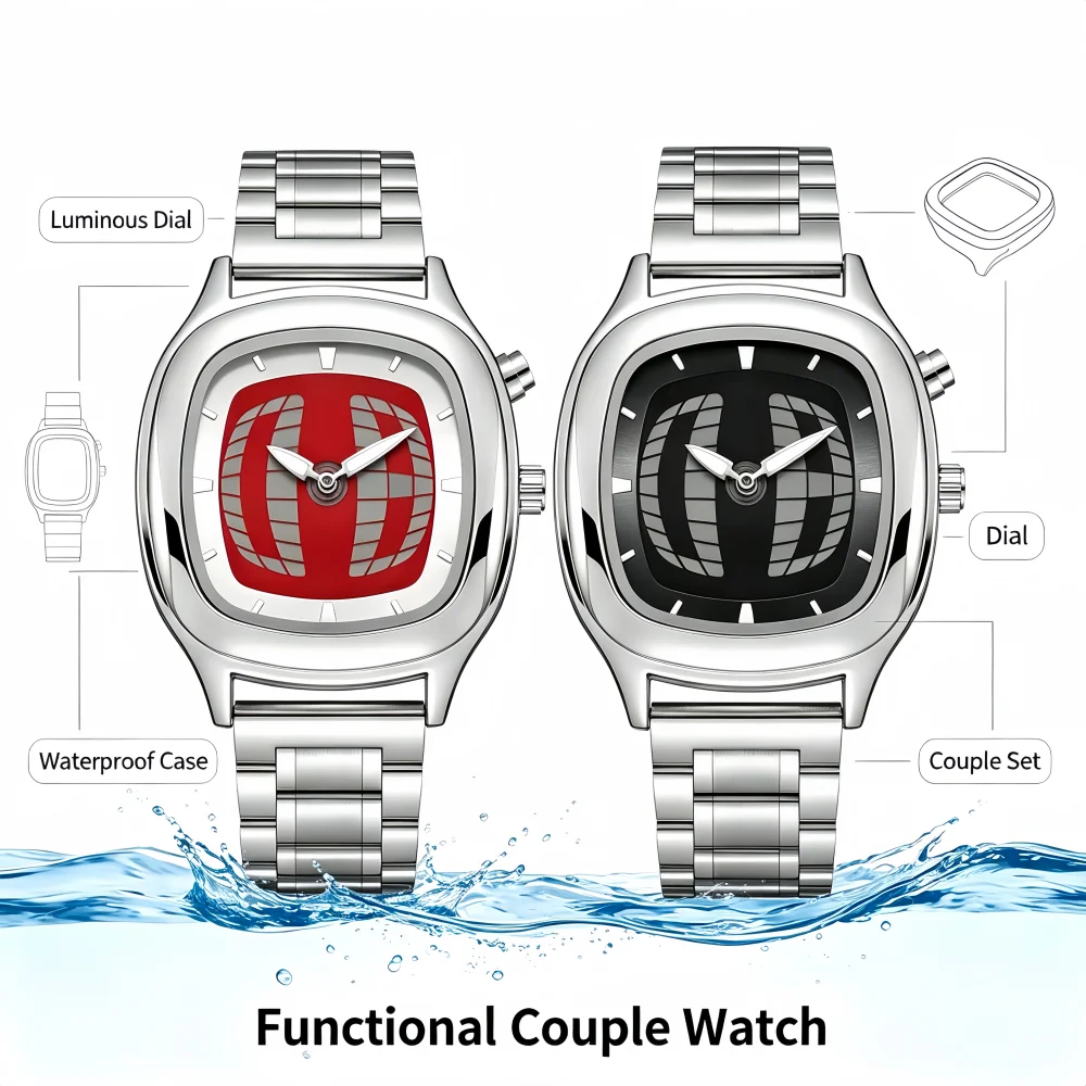 PAAZOMU Red‑Black Couple Pair Watch Luminous Waterproof Stainless Steel Band Square Quartz Wrist Watch for Lovers view 3