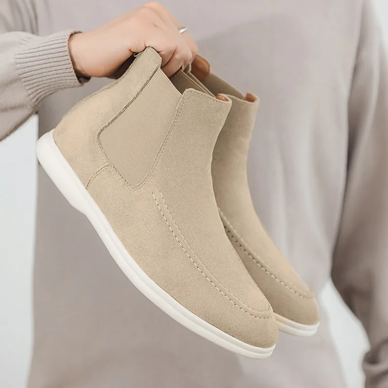 

European New Shoes for Men Suede Leather Casual Shoes High Top Leisure Dress Shoes Fashion Slip-on Chelsea Boots