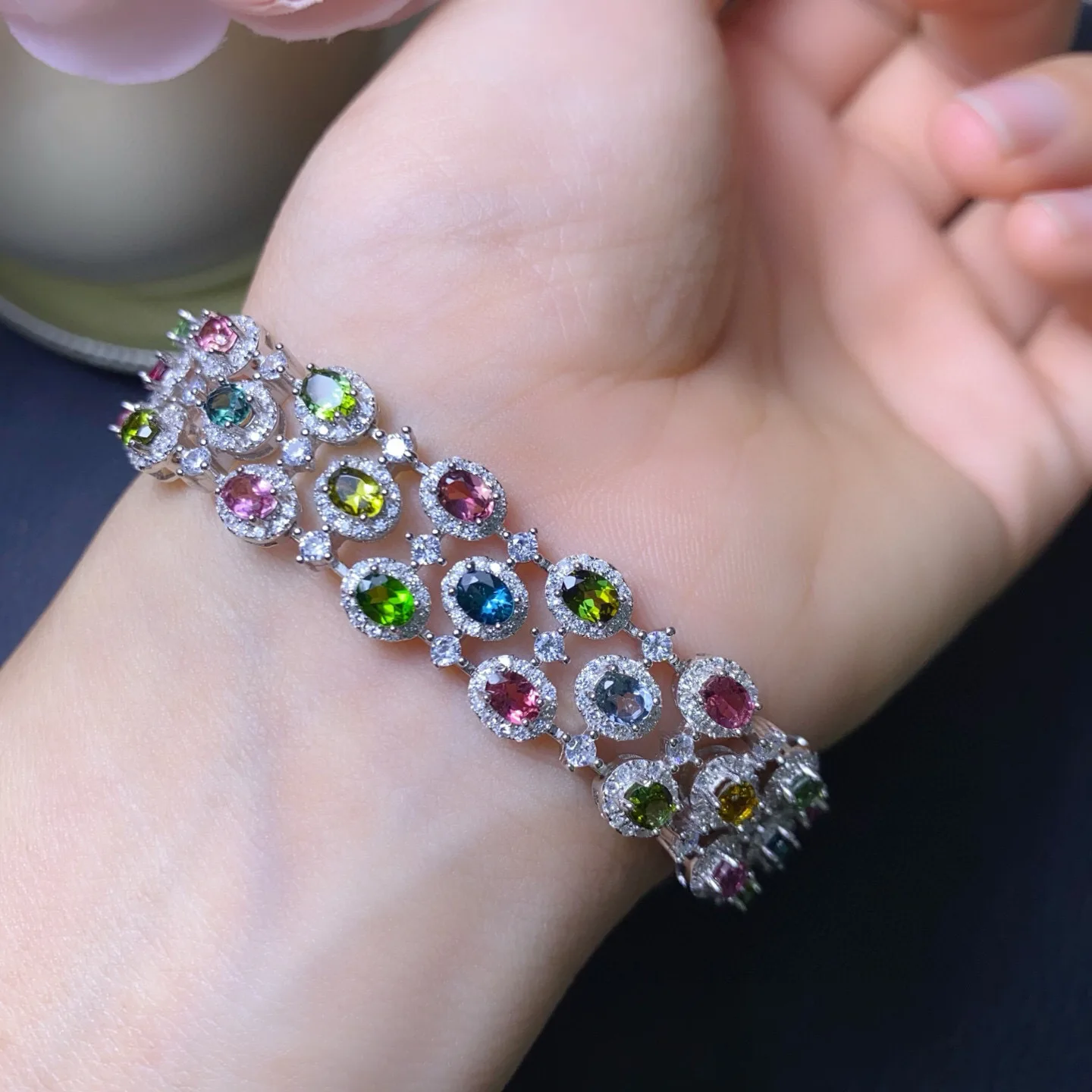 S925 White Gold Plated Tourmaline Bracelet, 3x4mm Triple-Layer Candy Gems, Playful Jewelry for Vacation & Summer Style