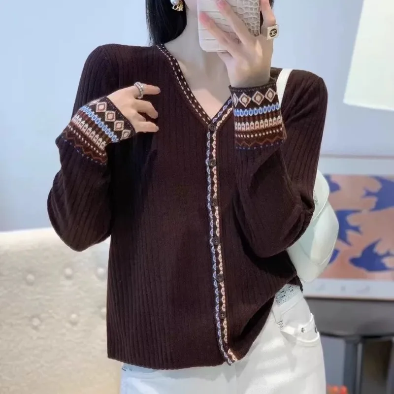 Early Autumn New Worsted Knitted V-neck Retro Ethnic Style Jacquard Cardigan High-end Color Matching Temperament Thin Jacket