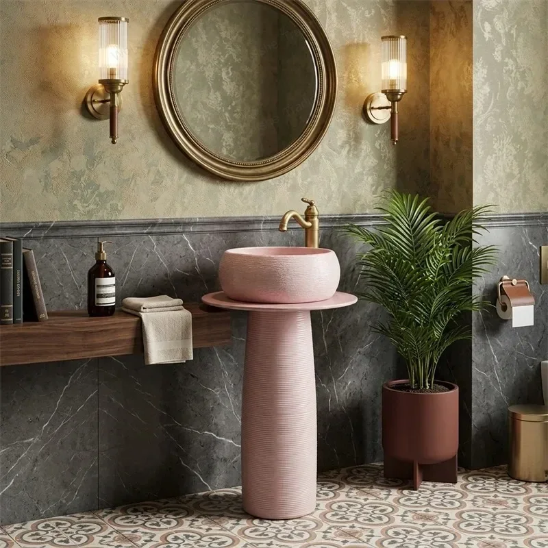 A Pink Nordic Pedestal Bathroom Sink Set Floor-Standing Basin Modern Design Elegant Style Home Furniture with Faucet Incl