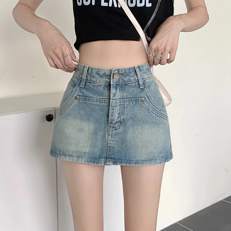 

Summer Female Chic High Waist Shorts Skirts Women Light Blue Skinny Denim Dress Girls Korean Casual Punk Jeans Dress