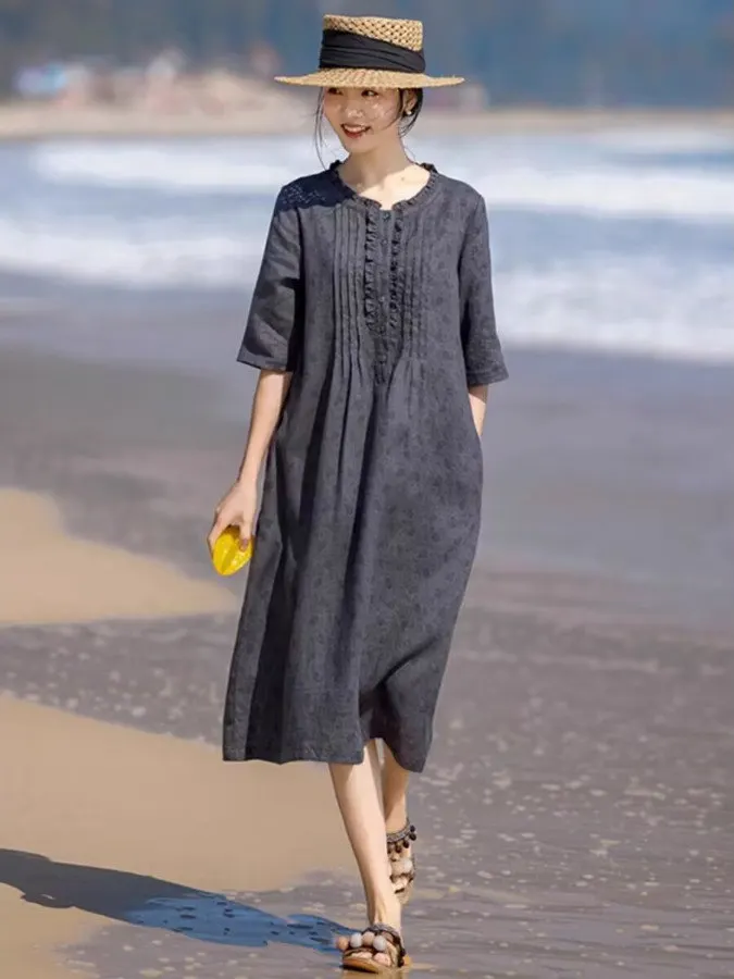 تنورة Ele A-Line Midi Dr Summer 2025 من القطن والكتان مطبوعة Gored Ne تنورة تنحيف ort Sve للسيدات عتيقة