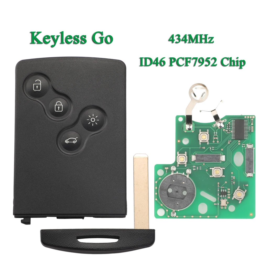 jingyuqin Keyless Go 434MHz ID46 PCF7952 Chip 4 Buttons For Renault Megane 3 Fluence Laguna Scenic Remote Car Key Fob VA2 Blade