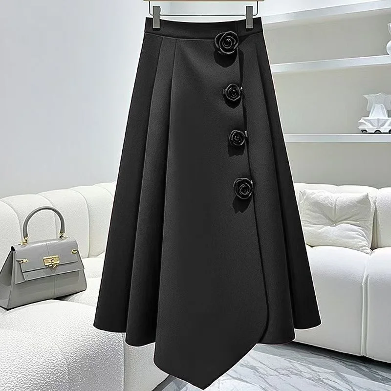 Autumn New Vintage 3d Flower A-Line Skirt For Women Solid Color High Waist Asymmetric Pleated Skirt Elegant Midi Party Jupe 373P