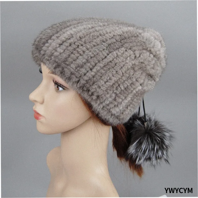 100% Real Mink Fur Hat Women Winter Knitted Mink Fur Beanies Cap With Fox Fur Pom Poms 2026 Brand New Thick Female Cap Elastic
