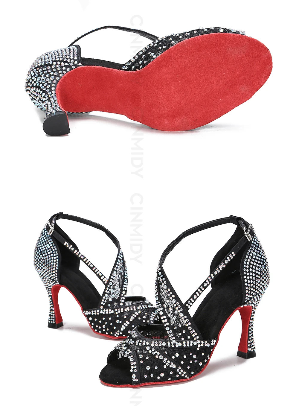 CINMIDY Rote Sohle Latein Tanzschuhe für Damen Tango Ballsaal Tanzschuhe Kubanischer Absatz Strass Hochzeitsschuhe Damensandalen – Detail 14