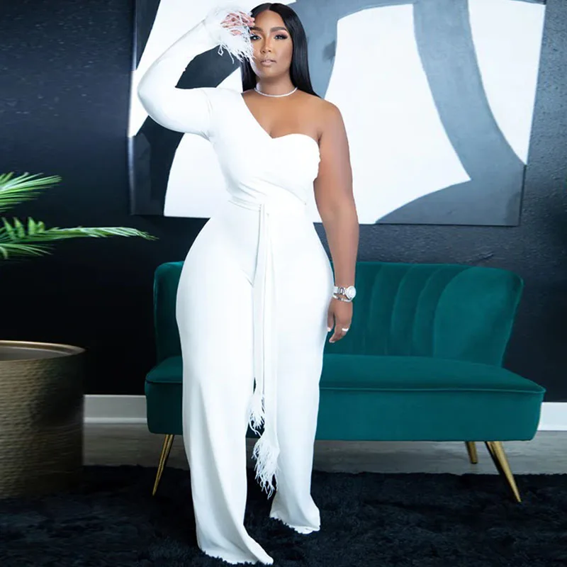 Sexy One Shoulder Elegant Party Jumpsuit Women Autumn Winter Outfits One Pieces Overalls 2022 Wide Leg Romper Birthday Clubwear