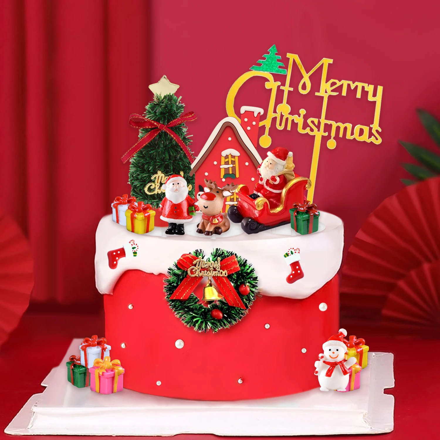 

Рождественский топпер для торта с ремесленной рождественской елкой, мини-сани Санта-Клауса с оленями, украшением для торта в виде снеговика и украшения для рождественской вечеринки