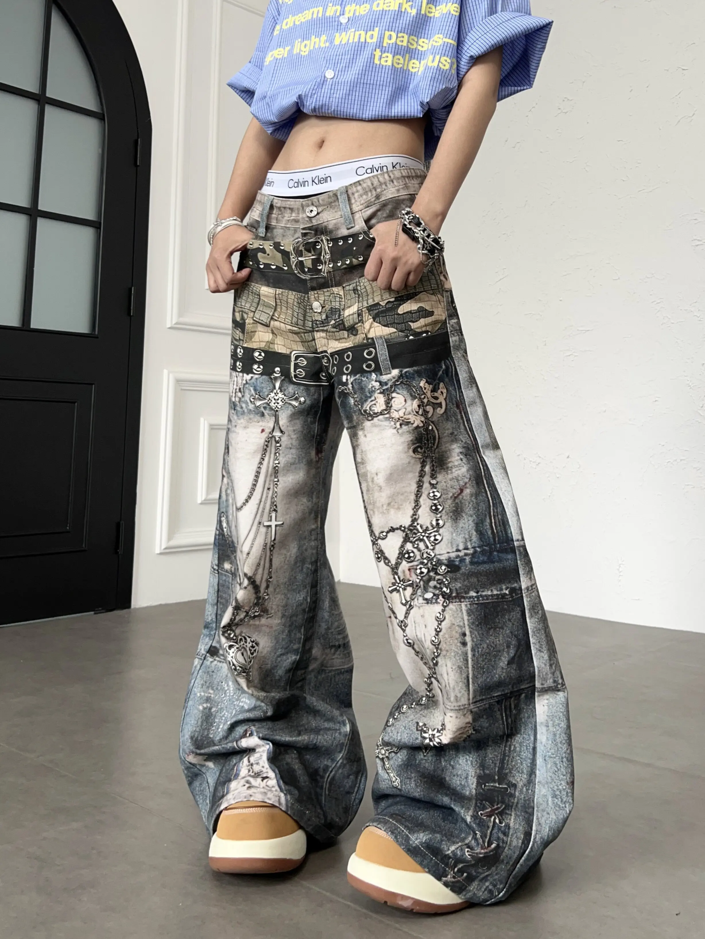 Retro American High Street 3D Digital Print Jeans Men's Loose Wide Leg Distressed Personality Long Trousers Trendy