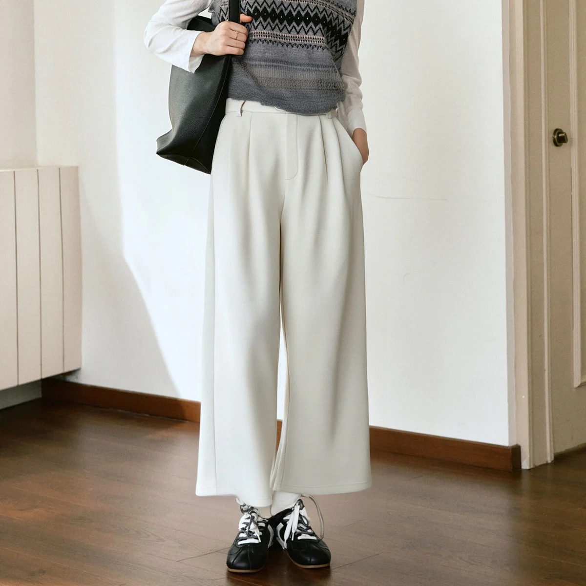 OLrain Casual Ankle-Length Pants for Woman 2025 Autumn Winter Wide-leg Pants Pockets Solid Straight Female Trousers O57QK001500